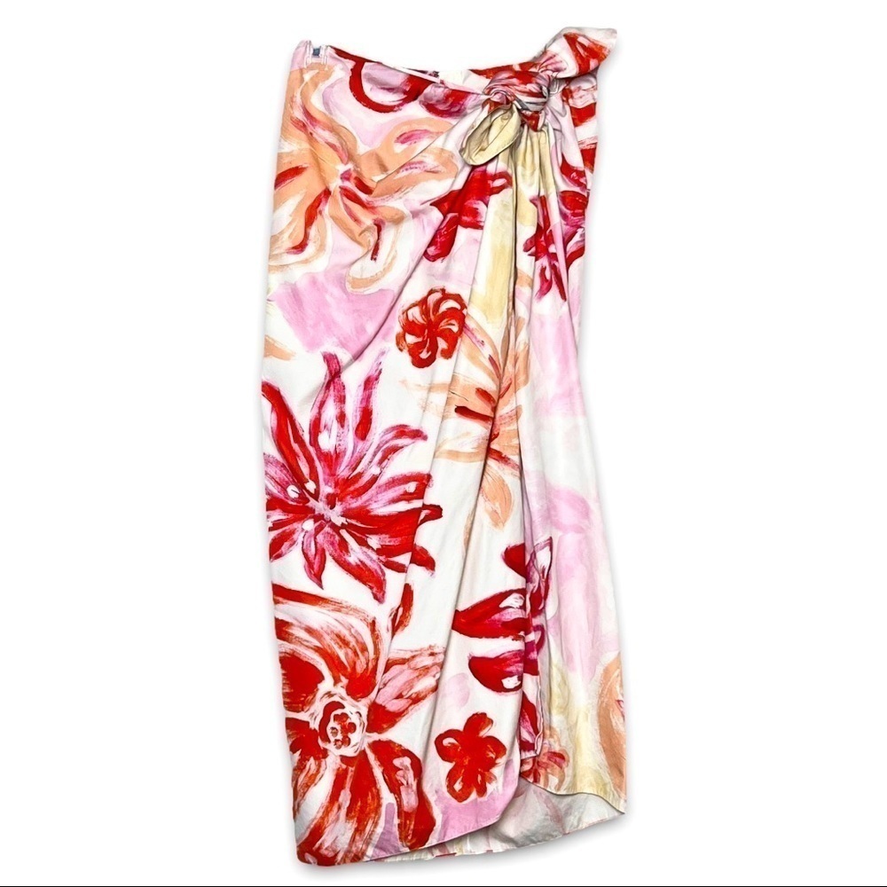 MARNI Pink Floral Poplin Cotton-Silk Blend Tropical Midi Sarong Wrap Skirt Sz 10 - Picture 4 of 10